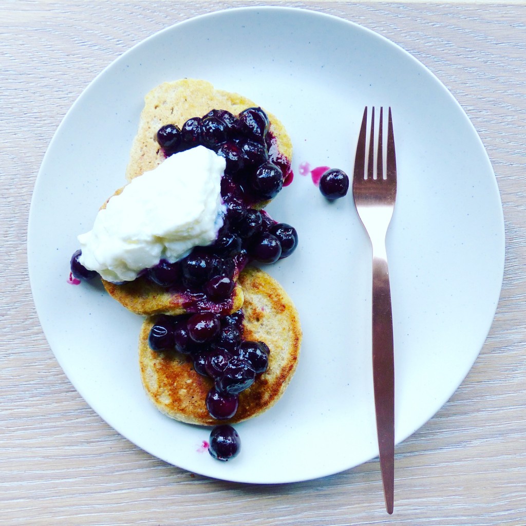 Rye pancakes with blueberry and ginger compote