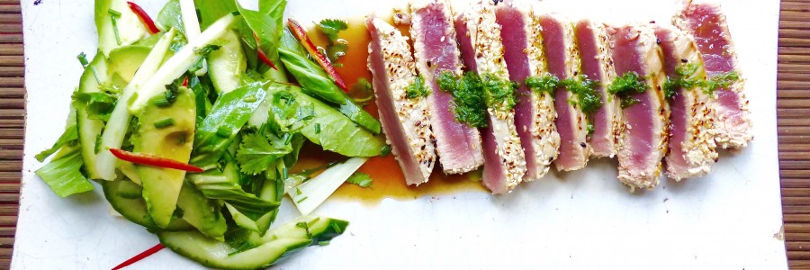 Sesame crusted tuna with Asian salad and soy/mirin dressing