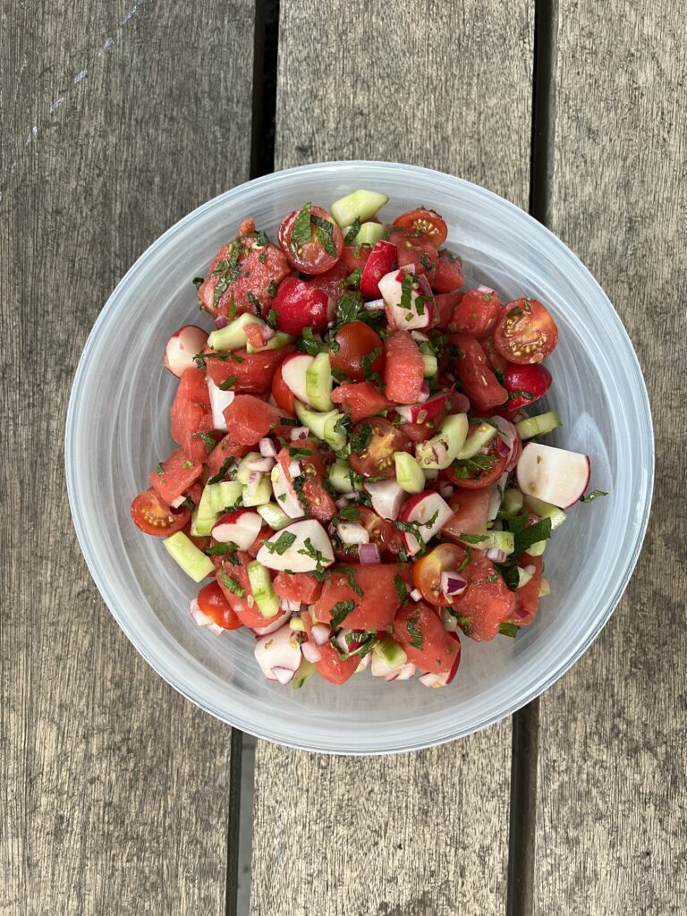 Crunchy radish, tomato and watermelon salad
