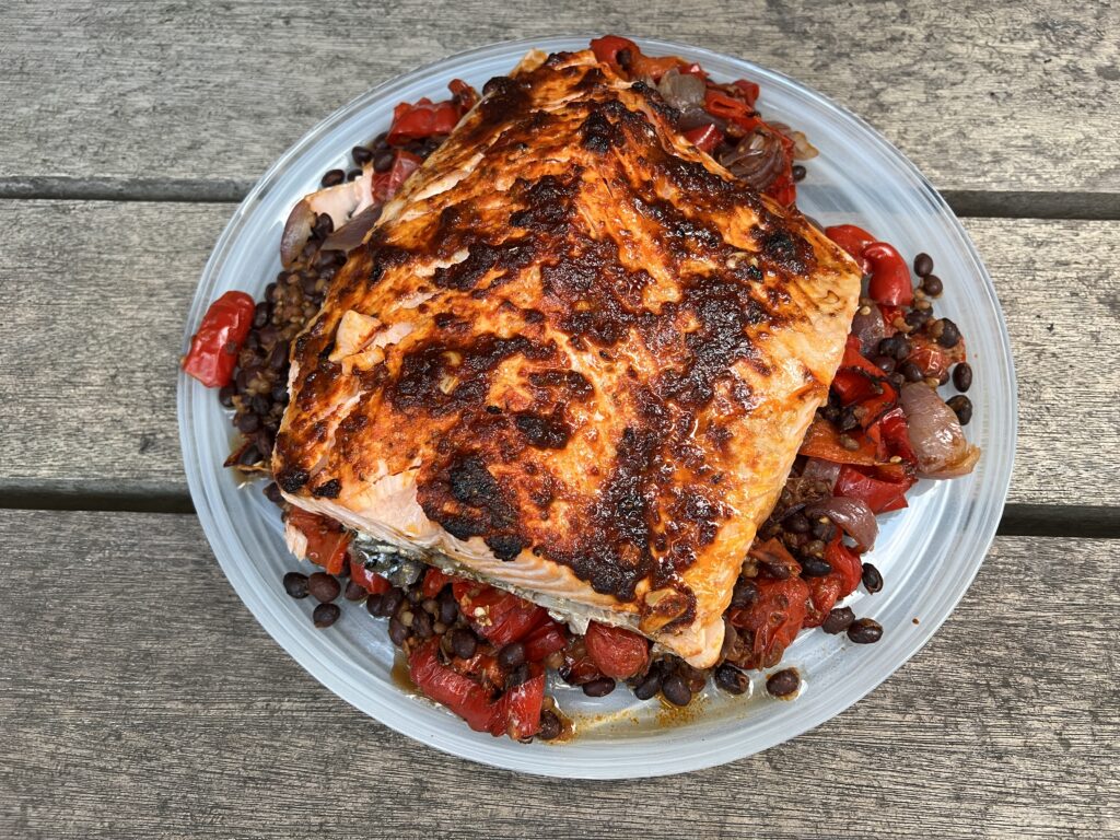 Spicy Cajun salmon with mango, sweetcorn and avocado salsa
